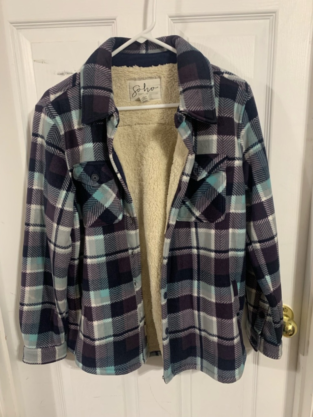 Soho Plaid Sherpa-Lined Shacket in Navy, Light Blue, Cream